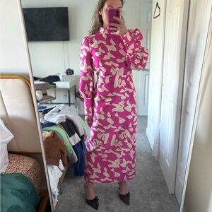 LAAGAM Pink and Cream Long Sleeve Backless High Neck Dress